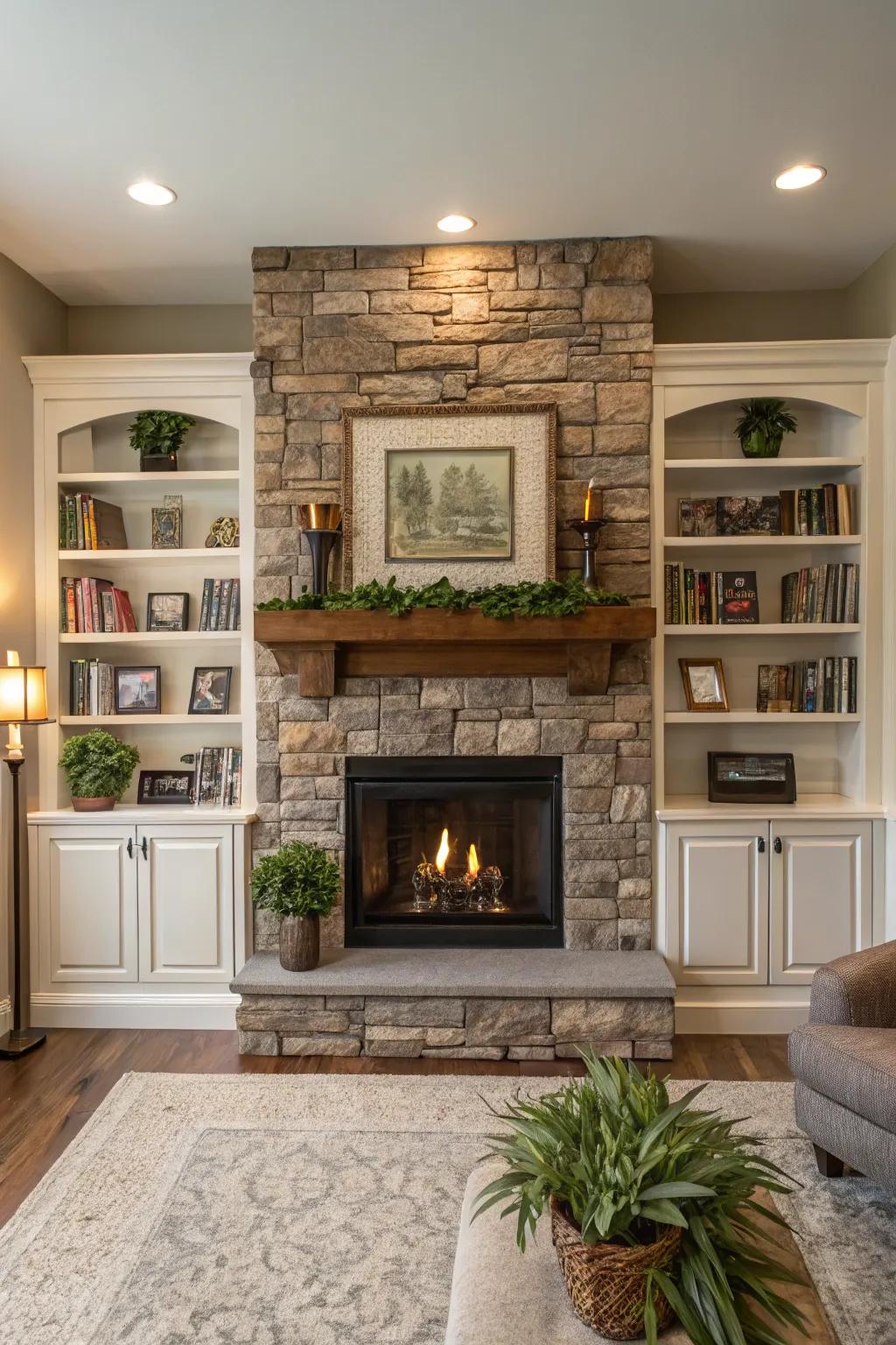 A functional living room with a stone fireplace and built-in shelving.