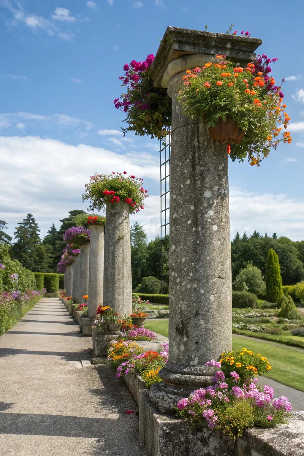 Bring life to stone pillars with vibrant floral planters.