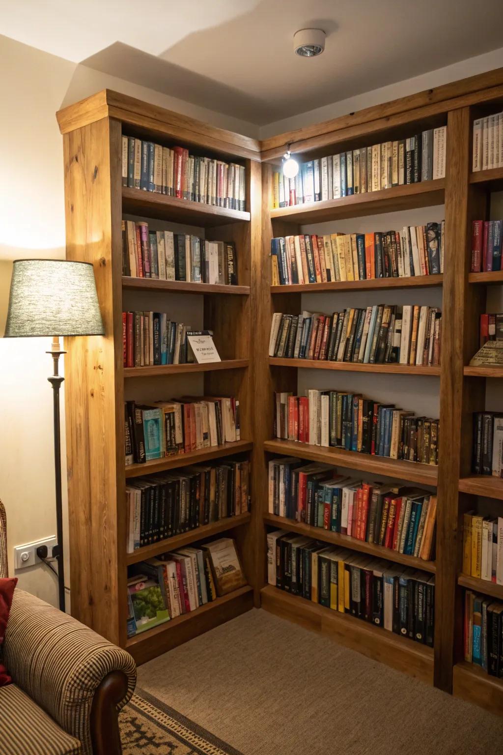 Small corner library with corner shelves.