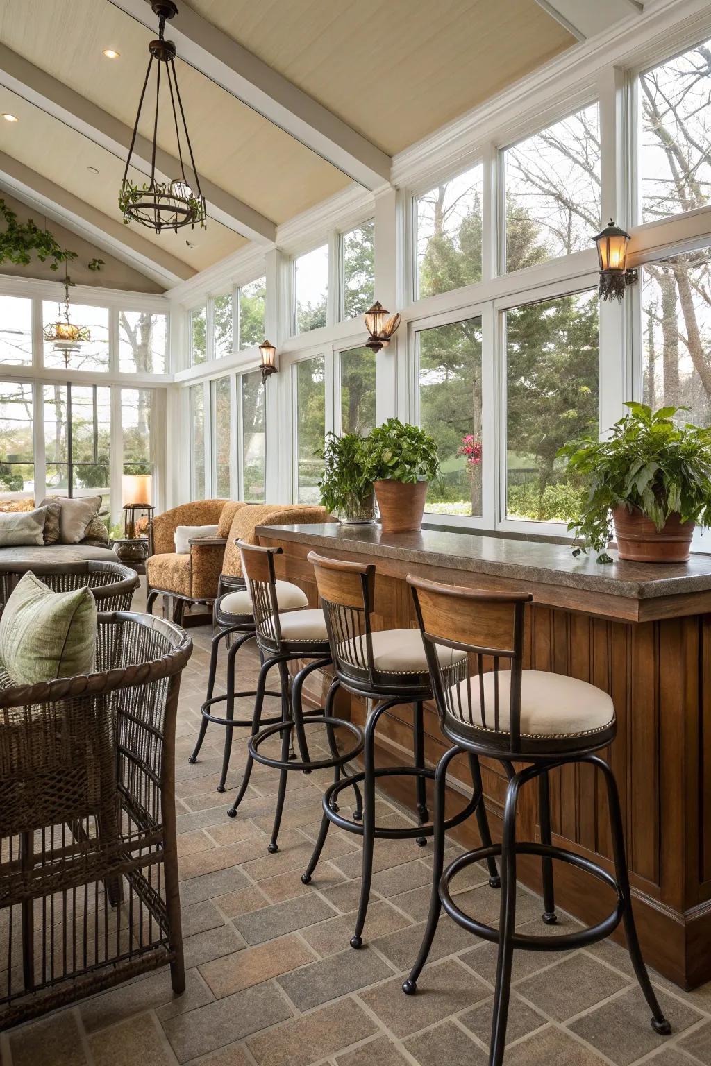 Versatile bar stools enhance both style and comfort in your sunroom bar.