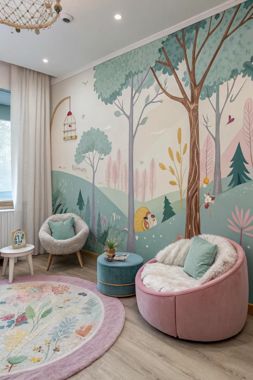 A child's room featuring a dream-like forest mural.