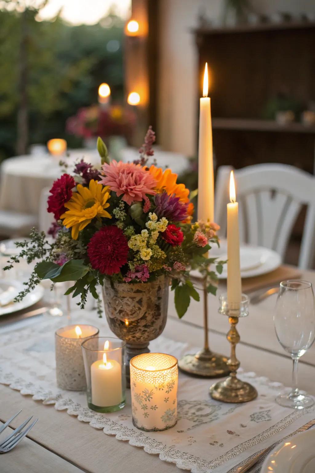 A cozy centerpiece combining candles with roses and eucalyptus.