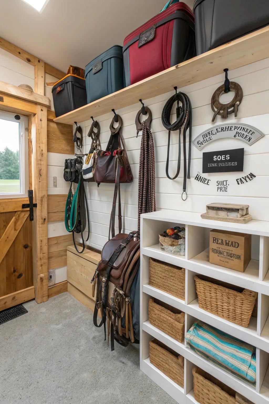 Custom and DIY storage solutions in a tack room.