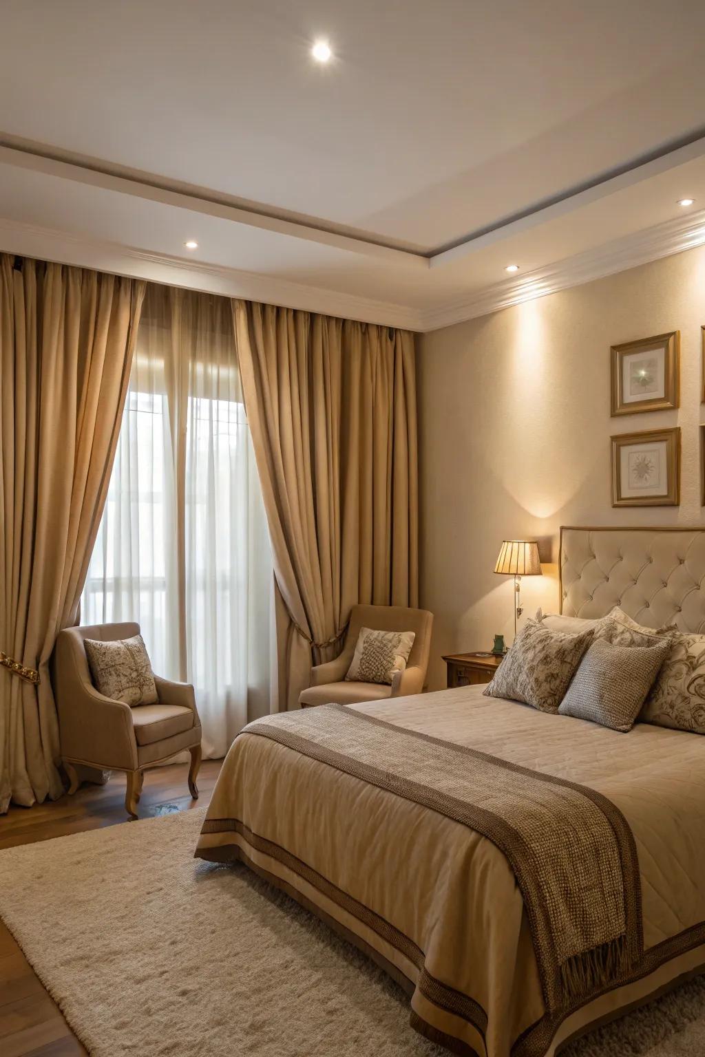 Coordinated curtains and upholstery enhance the tan bedroom's harmony.