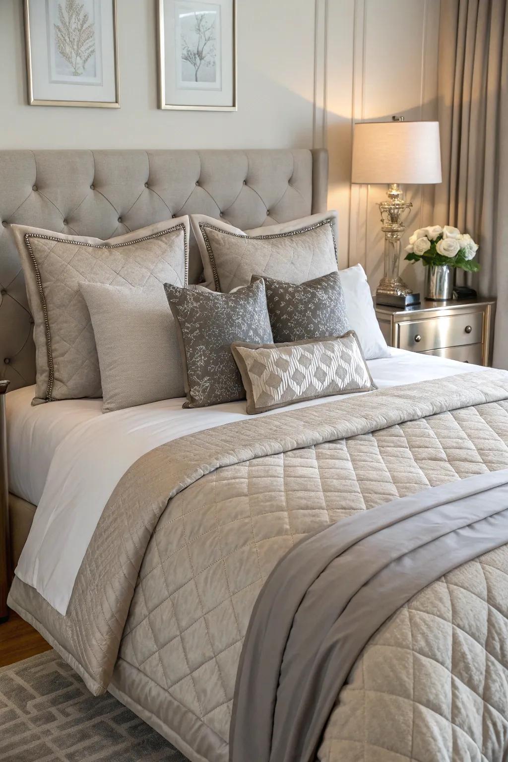 Taupe and grey throw pillows enhancing the bed.