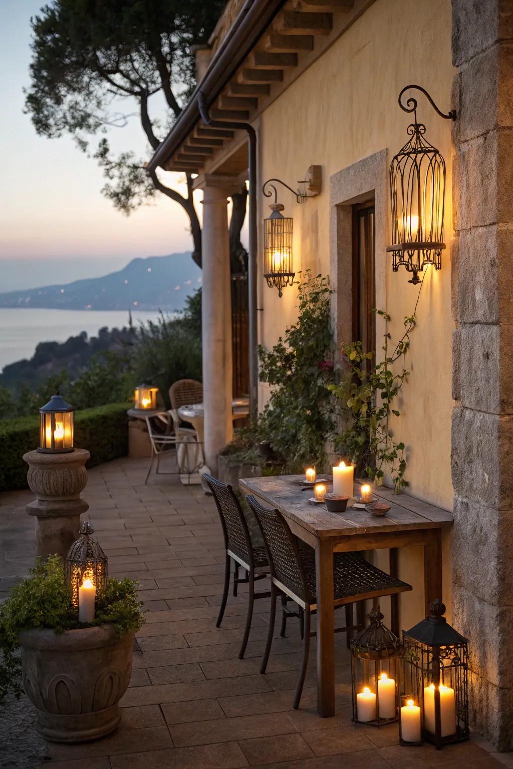 Candle sconces infuse terraces with romantic charm.