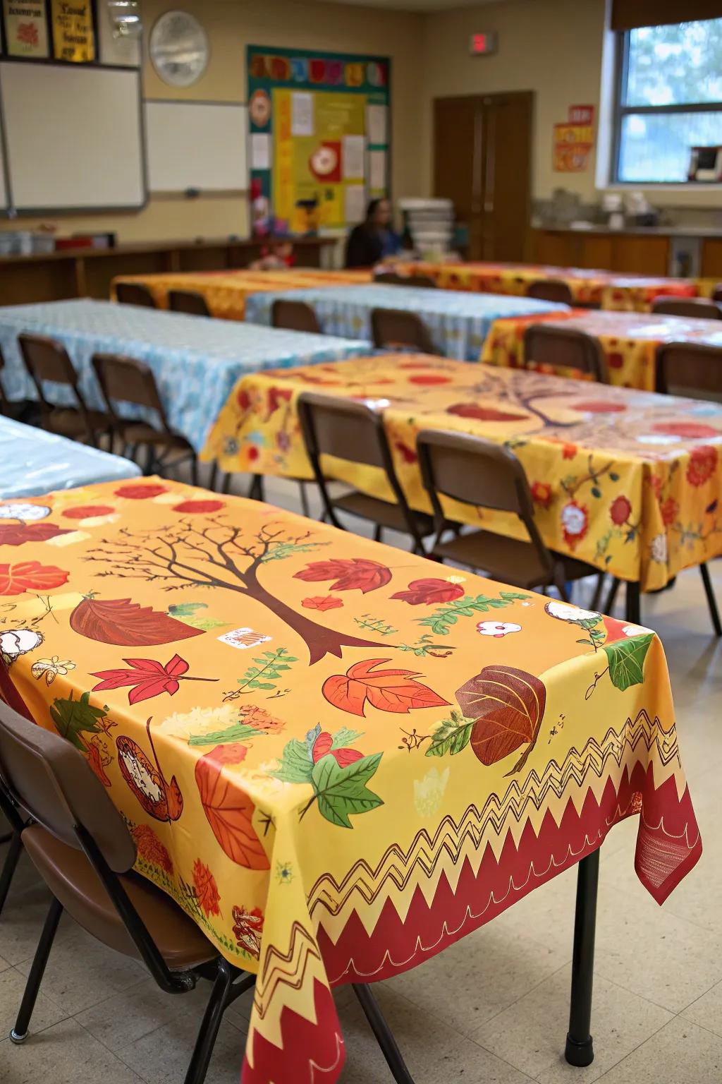 Festive tablecloths set the mood for Thanksgiving festivities.