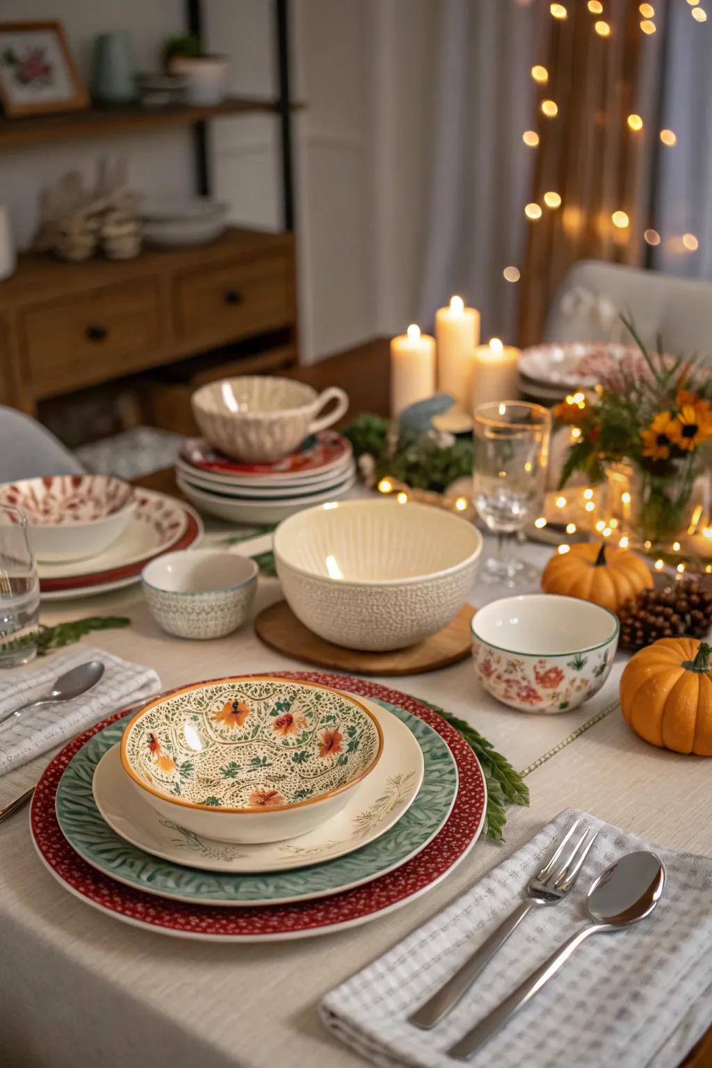 A mix of dinnerware creates a unique and personal table setting.