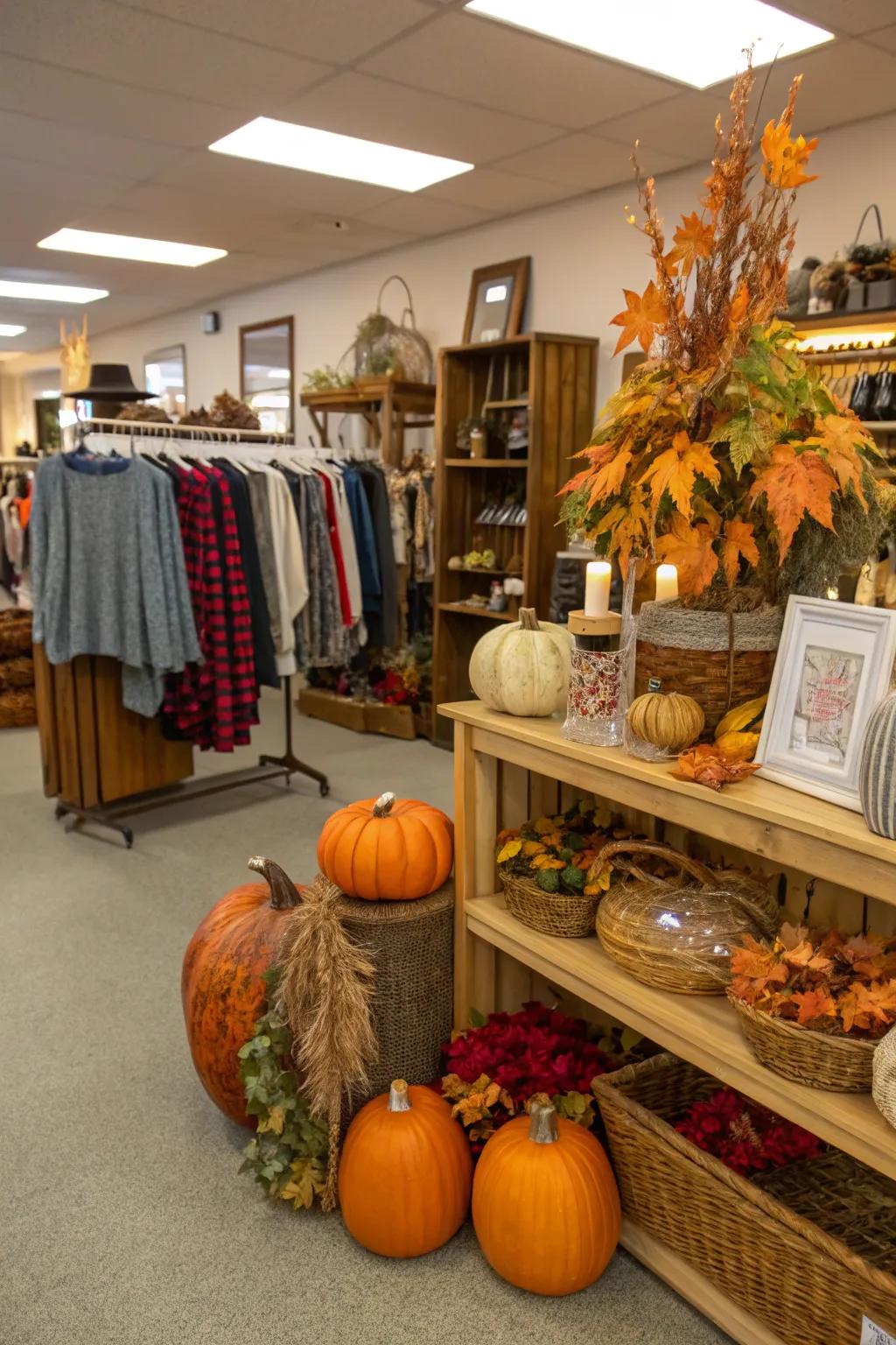 A seasonal display with autumn-themed thrift store decor.