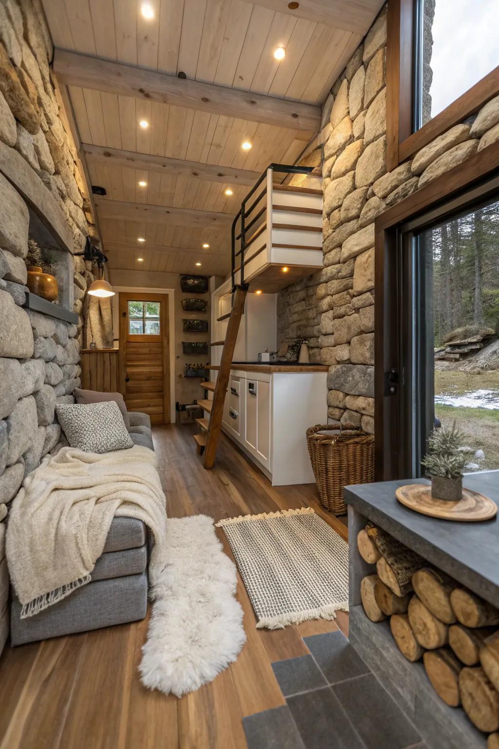 Natural elements like stone and wool enhance the warmth of this tiny house.