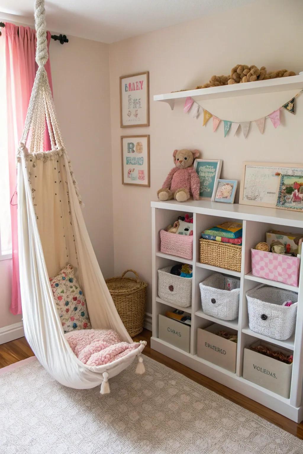 A soft toy hammock keeps plush toys organized and easily accessible.