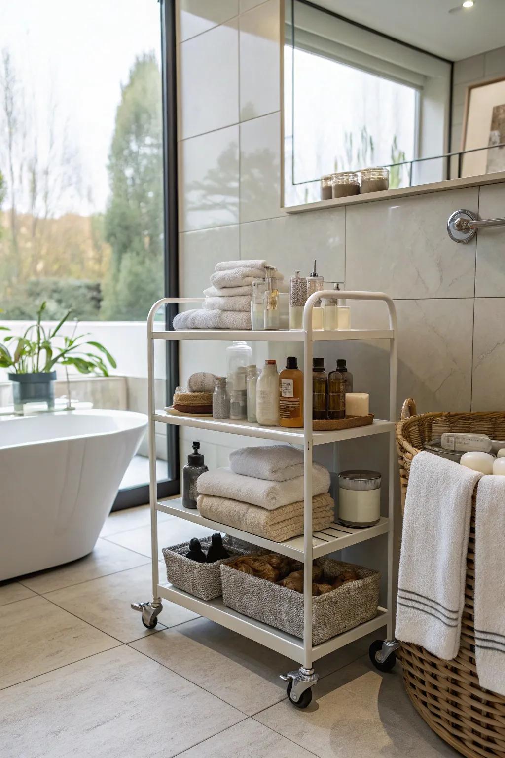 A rolling cart offers versatile towel storage.