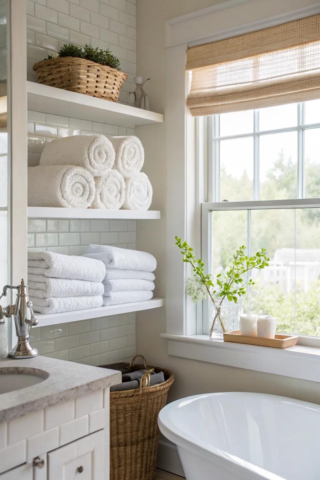 Above-window shelves offer unexpected storage opportunities.