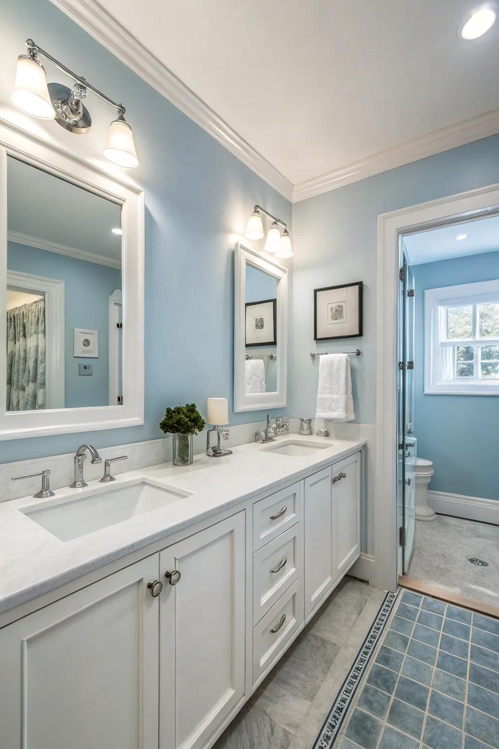 A townhouse bathroom with calming blue walls for a serene feel.