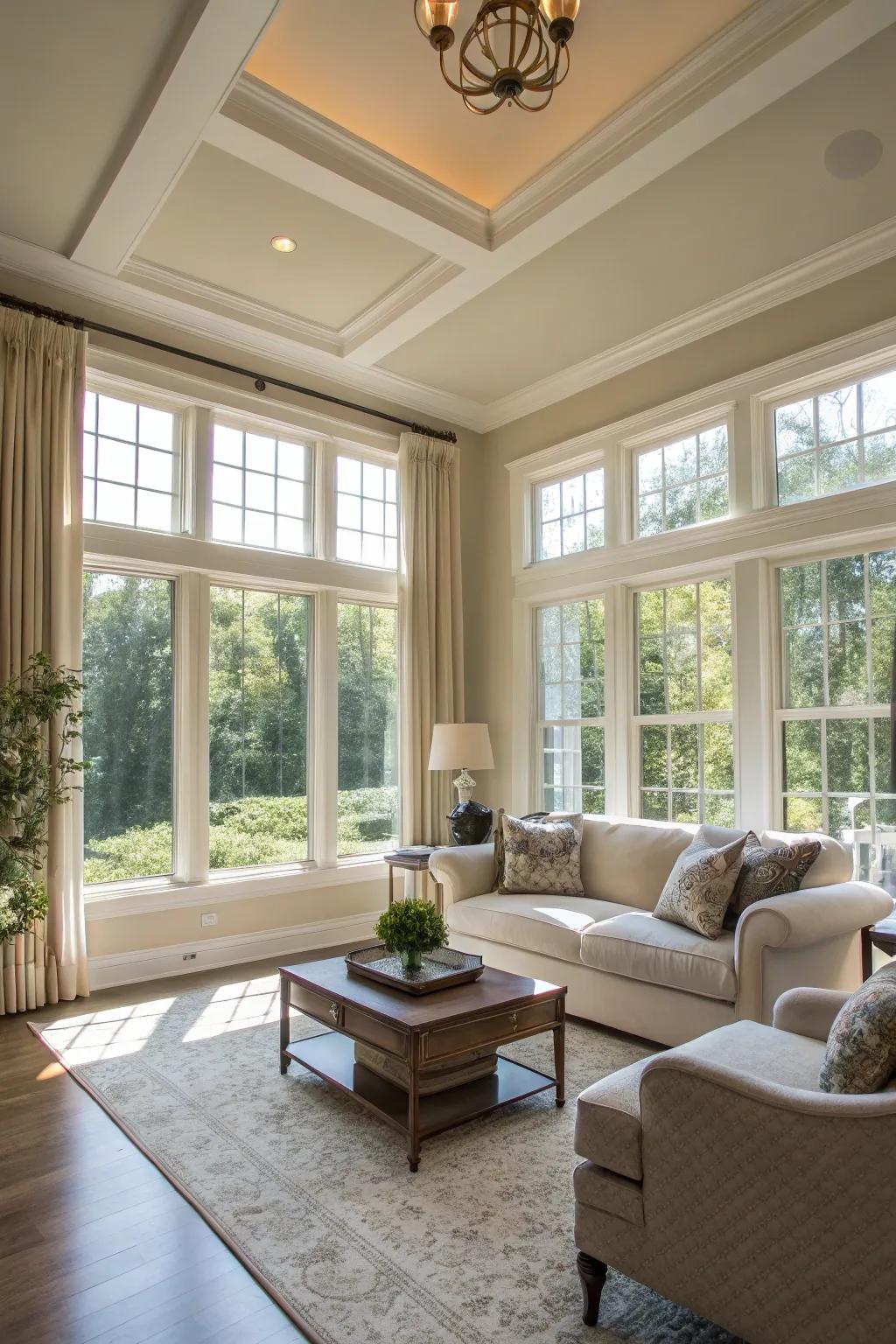 A living room with a tray ceiling designed to enhance natural light.