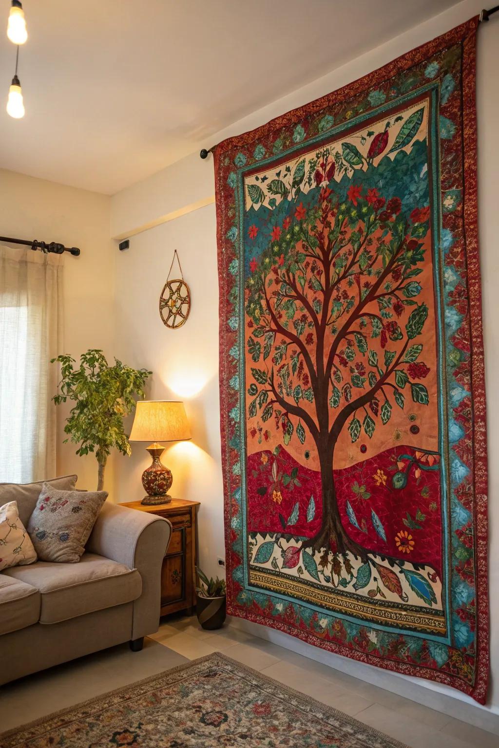 Vibrant Tree of Life tapestry enlivens a living room wall.