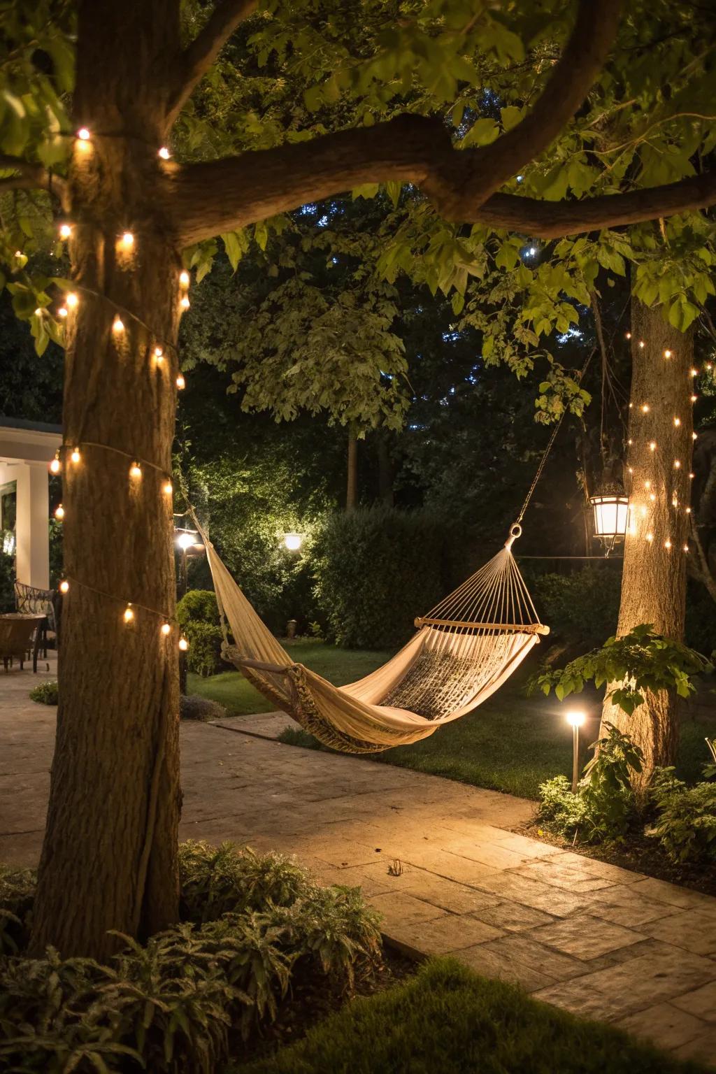 Create a cozy hammock haven with subtle lighting.