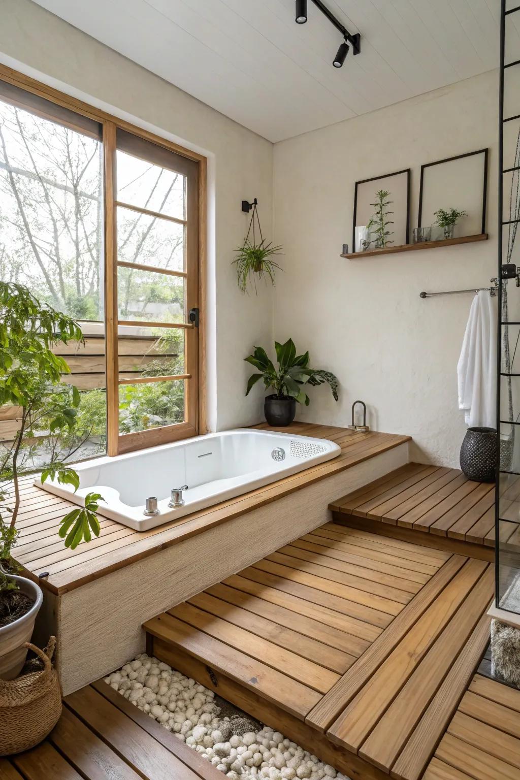 A zen-inspired tub deck with wooden elements and minimalist decor.