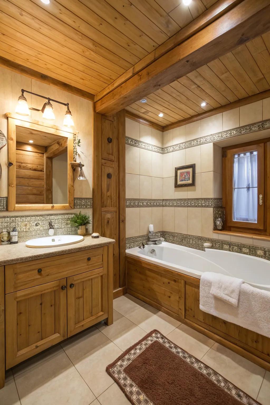 Warm wood accents soften the look of a modern tub-in-shower bathroom.