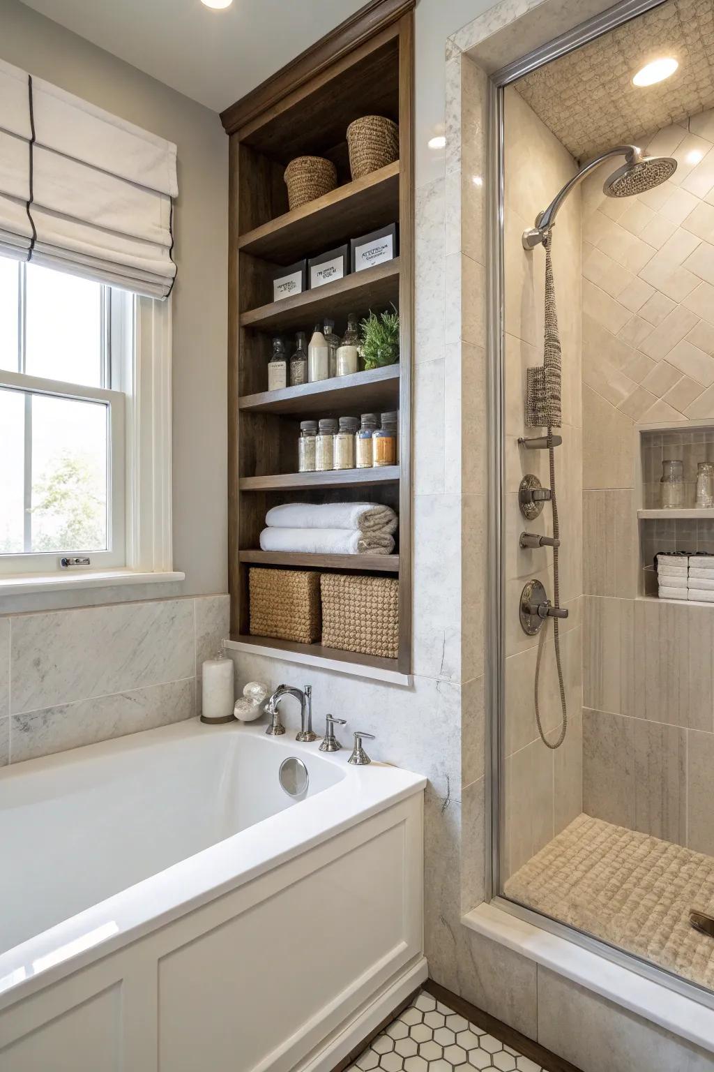 Integrated storage keeps this bathroom organized and sleek.