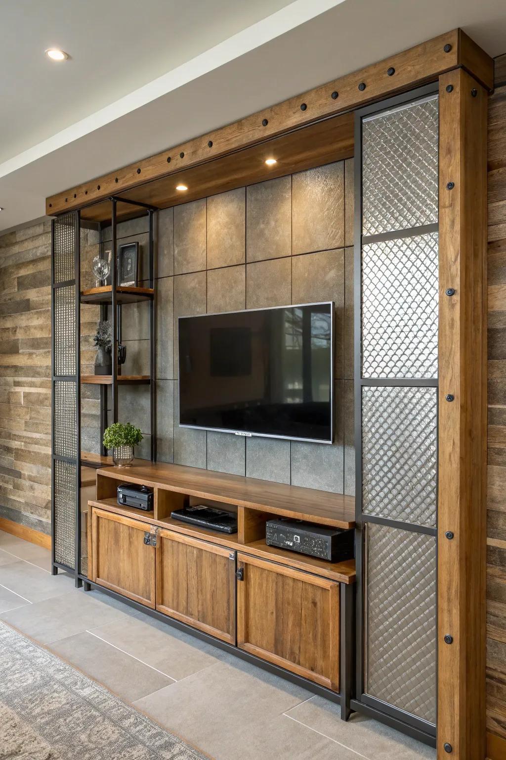 Mixed materials add a dynamic and eclectic flair to TV walls.