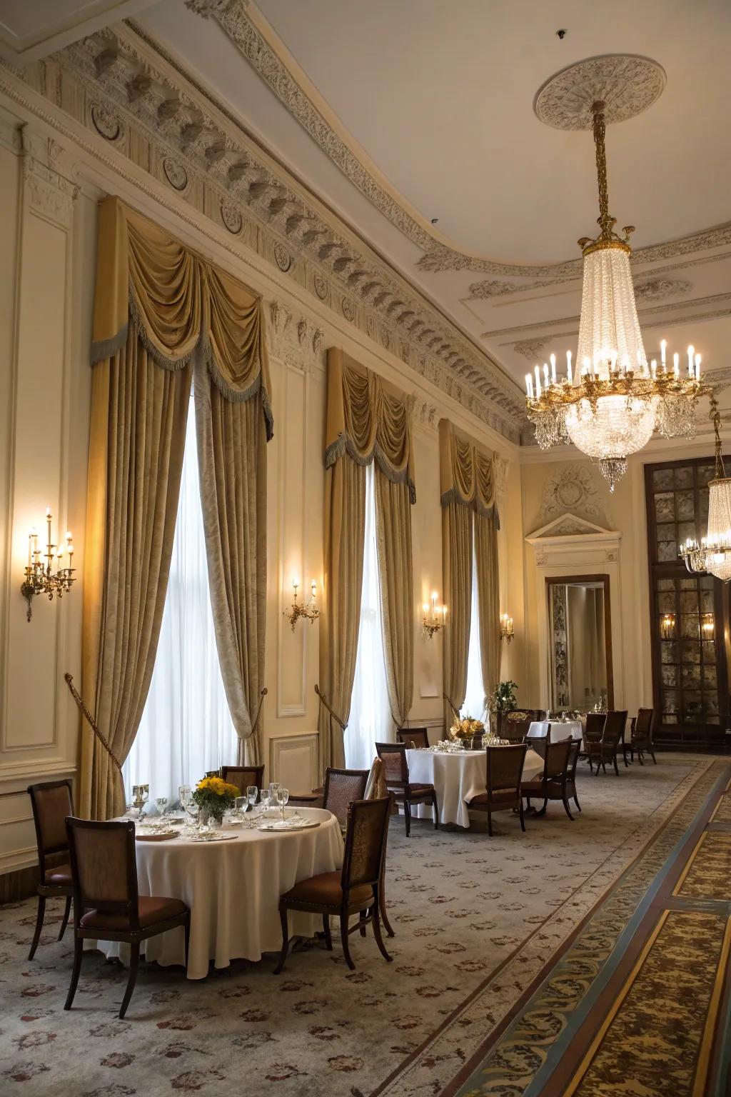 Floor-length two tone curtains bringing drama to a grand dining room.