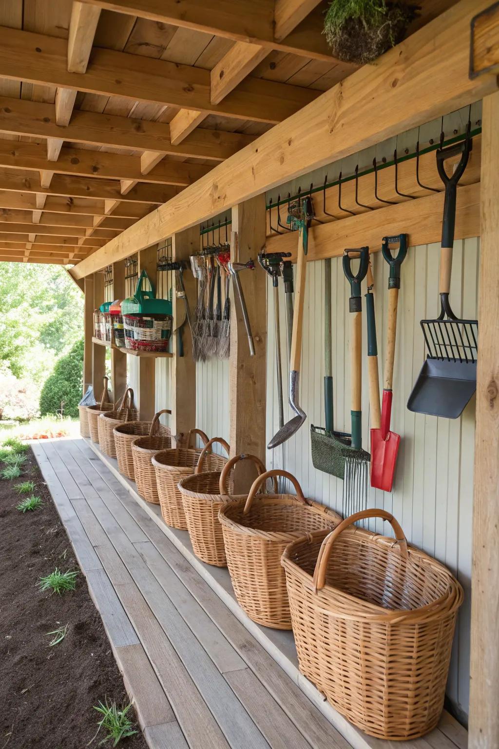 Hanging hooks and baskets keep small items organized and easily accessible.