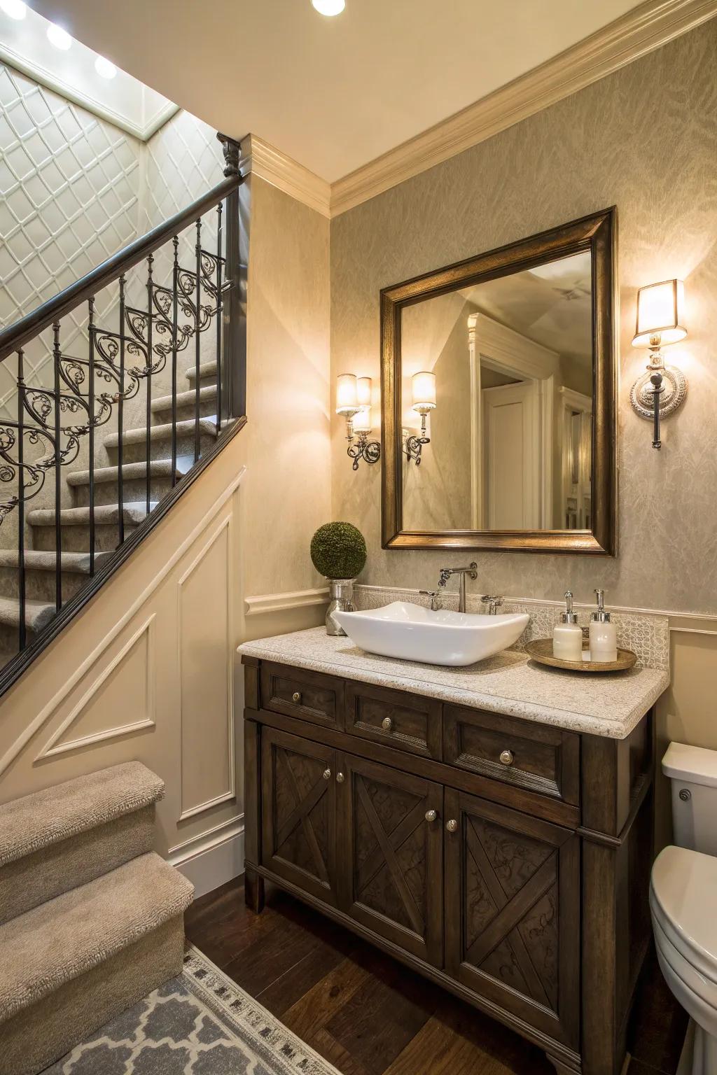 A hidden powder room adds luxury and convenience.