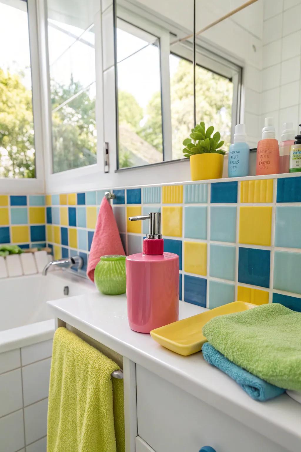 Surprise elements of color add excitement to the bathroom design.