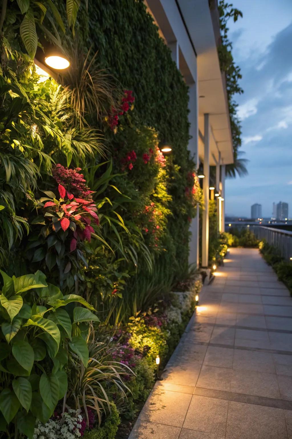 Soft lighting creating evening ambiance in a vertical garden.