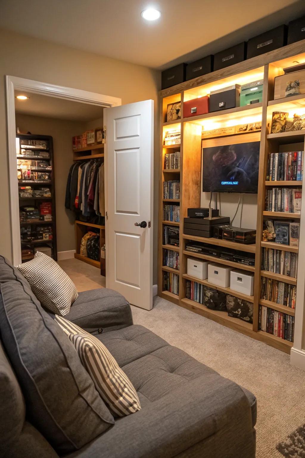 A hidden gaming nook created from a small closet space.