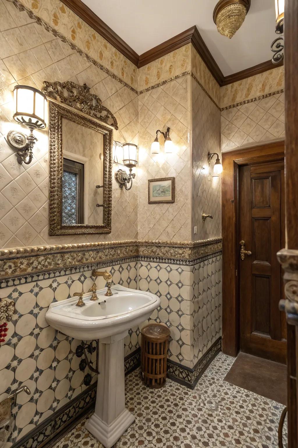 Textured walls enhance the vintage ambiance of any bathroom.