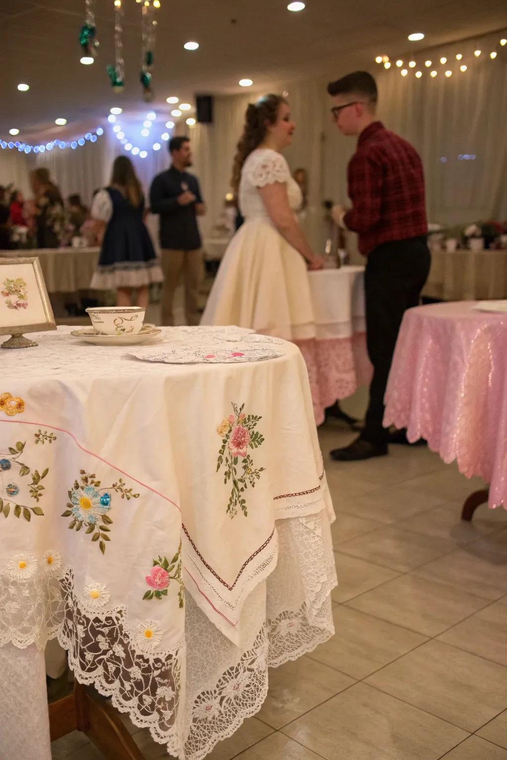 Charming vintage linens adding elegance to the table setting.