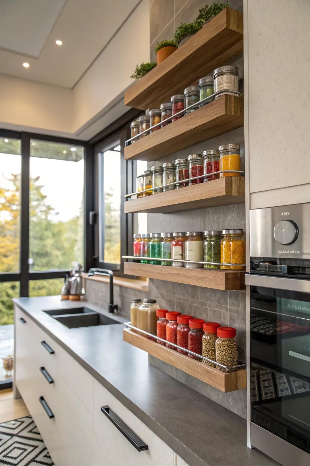 Floating shelves blend modern style with utility.