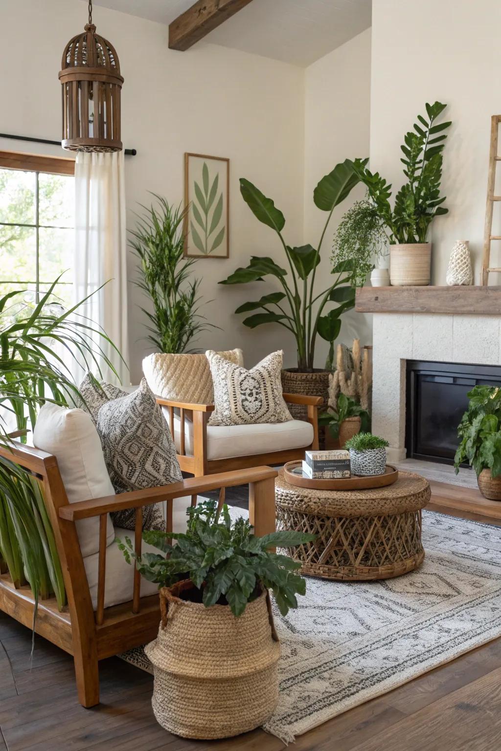 Indoor plants add vibrancy and freshness to the decor.