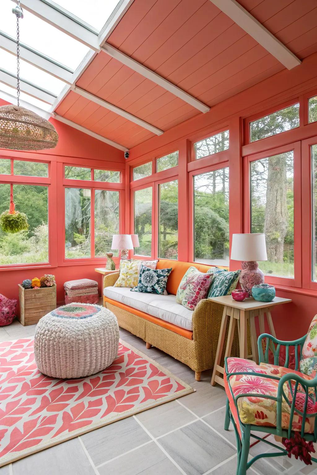 Sunroom with vibrant coral walls, making a bold and lively statement.