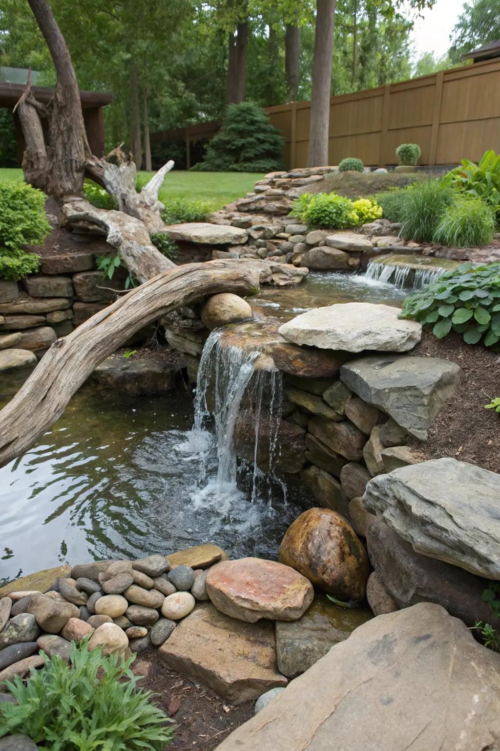 A rustic garden waterfall featuring driftwood and stones for a natural look.