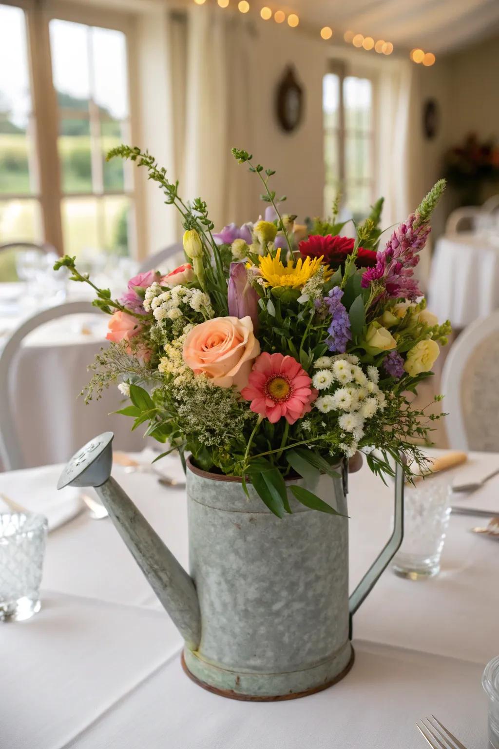 An elegant floral arrangement using a watering can as a vase.