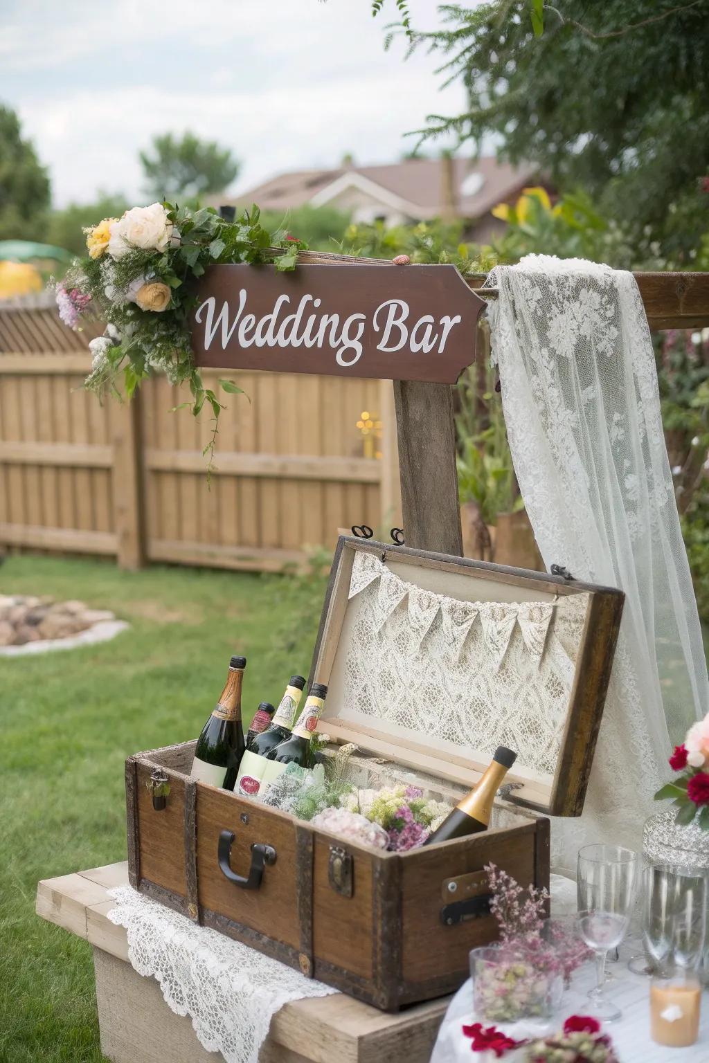 A vintage trunk bar setup with a nostalgic sign.