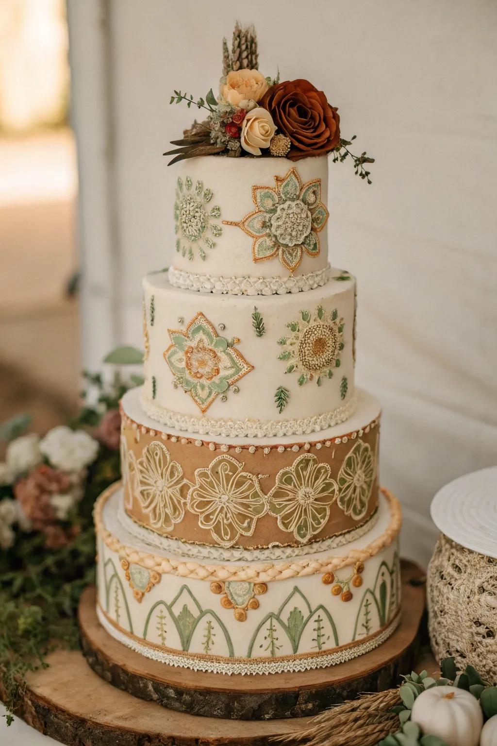 A bohemian-themed cake that ties the celebration together beautifully.