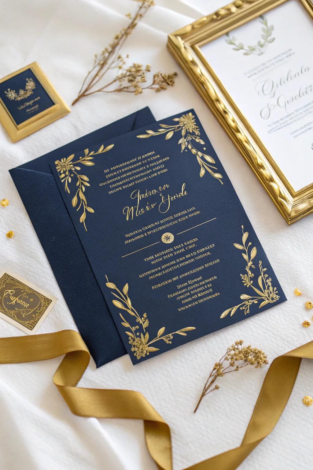 Luxurious wedding invitation with gleaming gold foil accents.