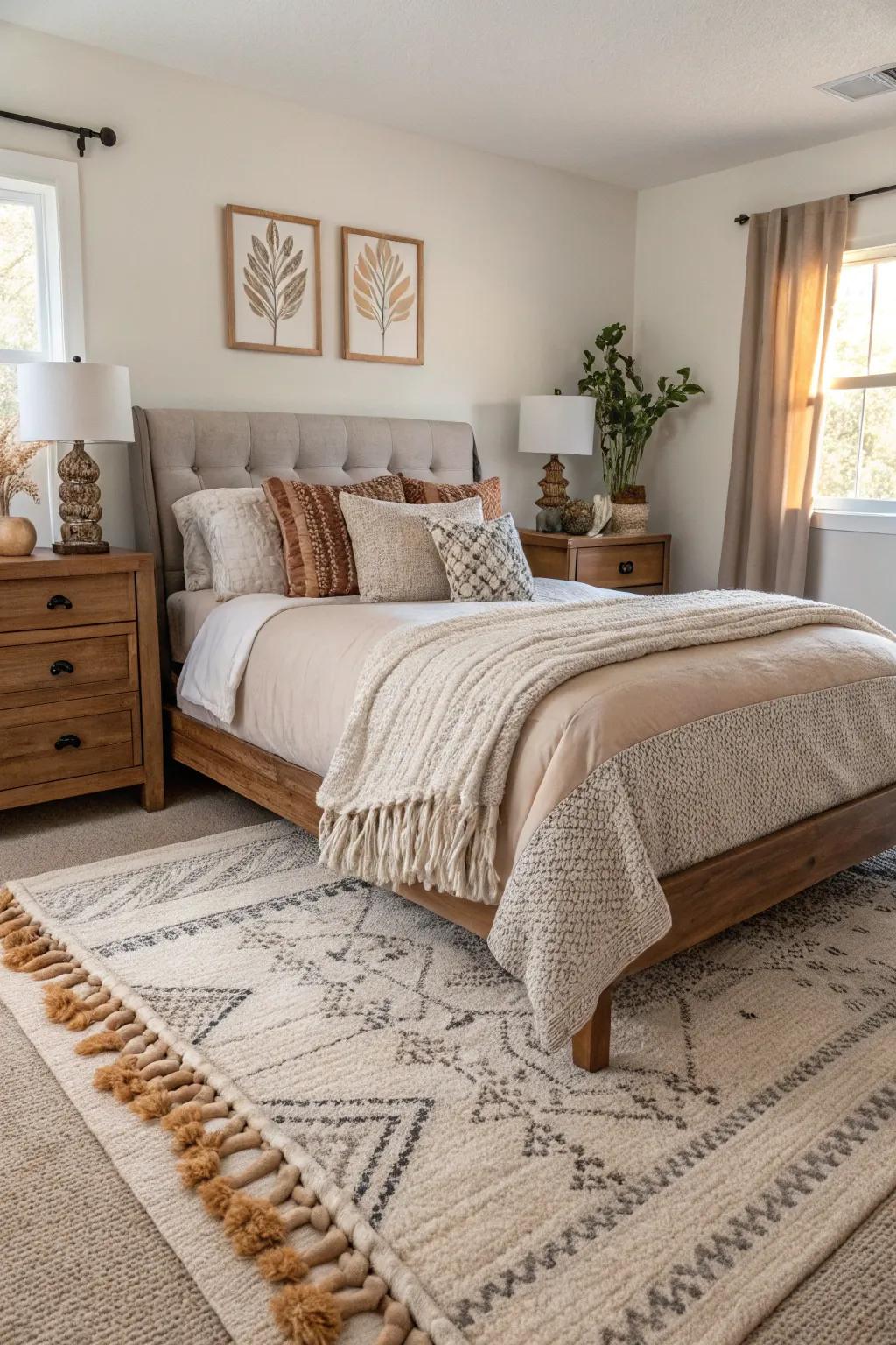 Layering rugs introduces texture and warmth, enhancing the room's depth and character.