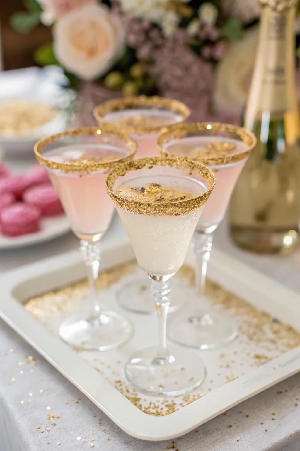 Glittering drinks with edible gold accents.