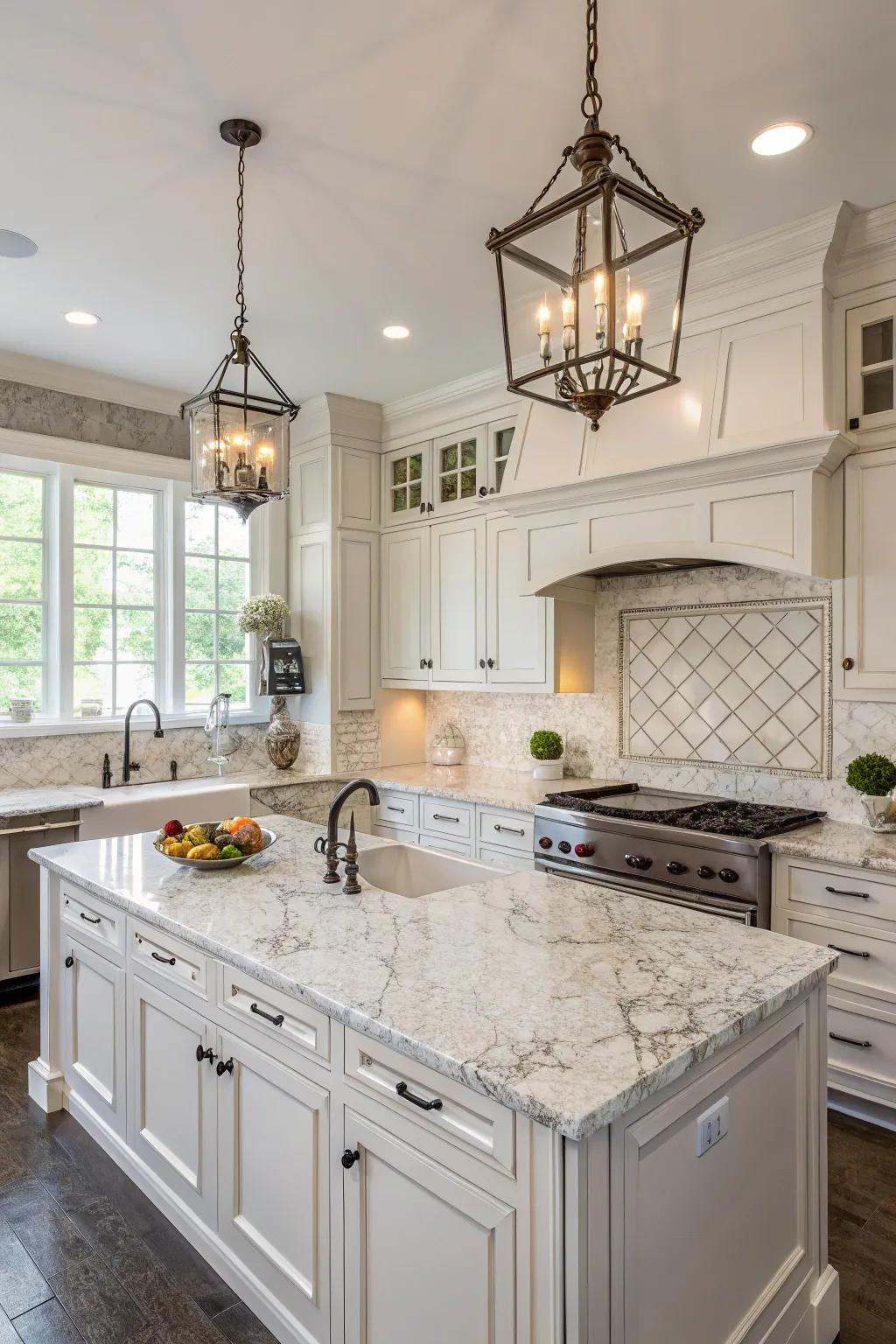 Marble and granite combine for a timeless kitchen elegance.