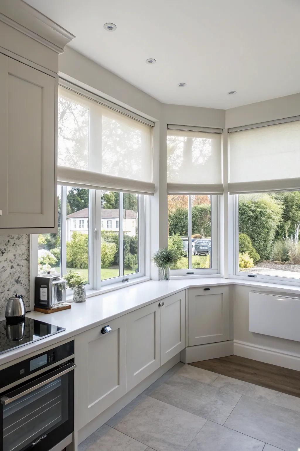 Roller blinds provide a sleek and modern look.