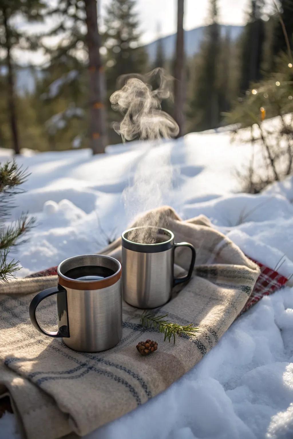 Thermal mugs keep your drinks hot on cold days.