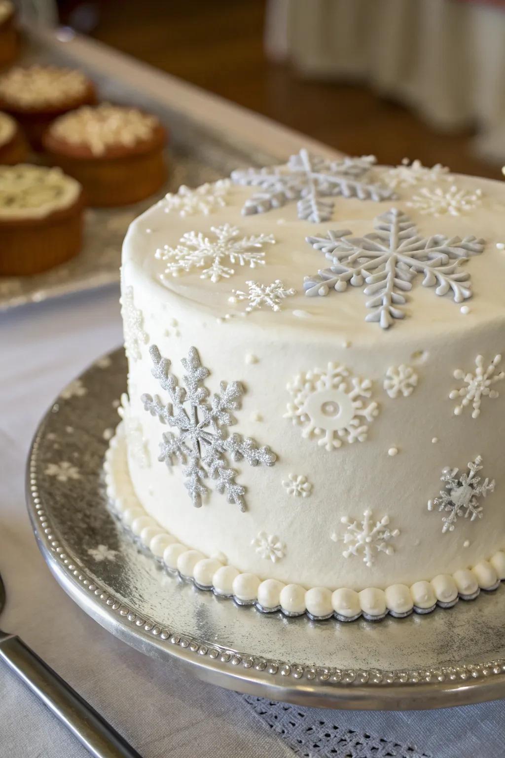 A symphony of snowflakes adorns this winter wonderland cake.