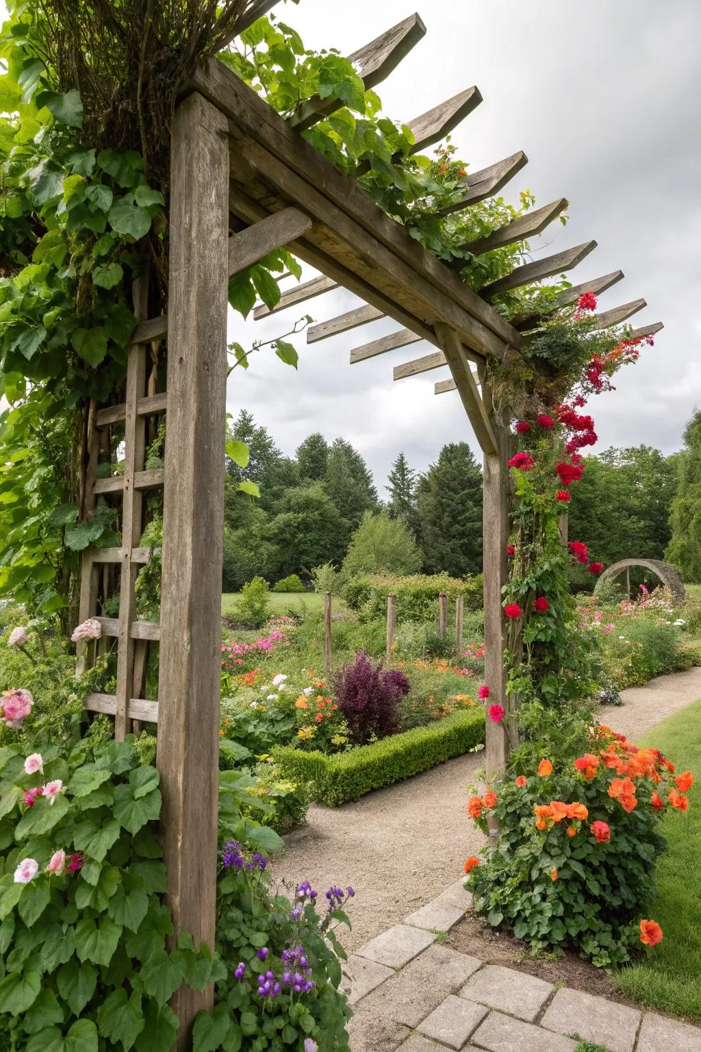 Let your garden climb with elegant wooden trellises.