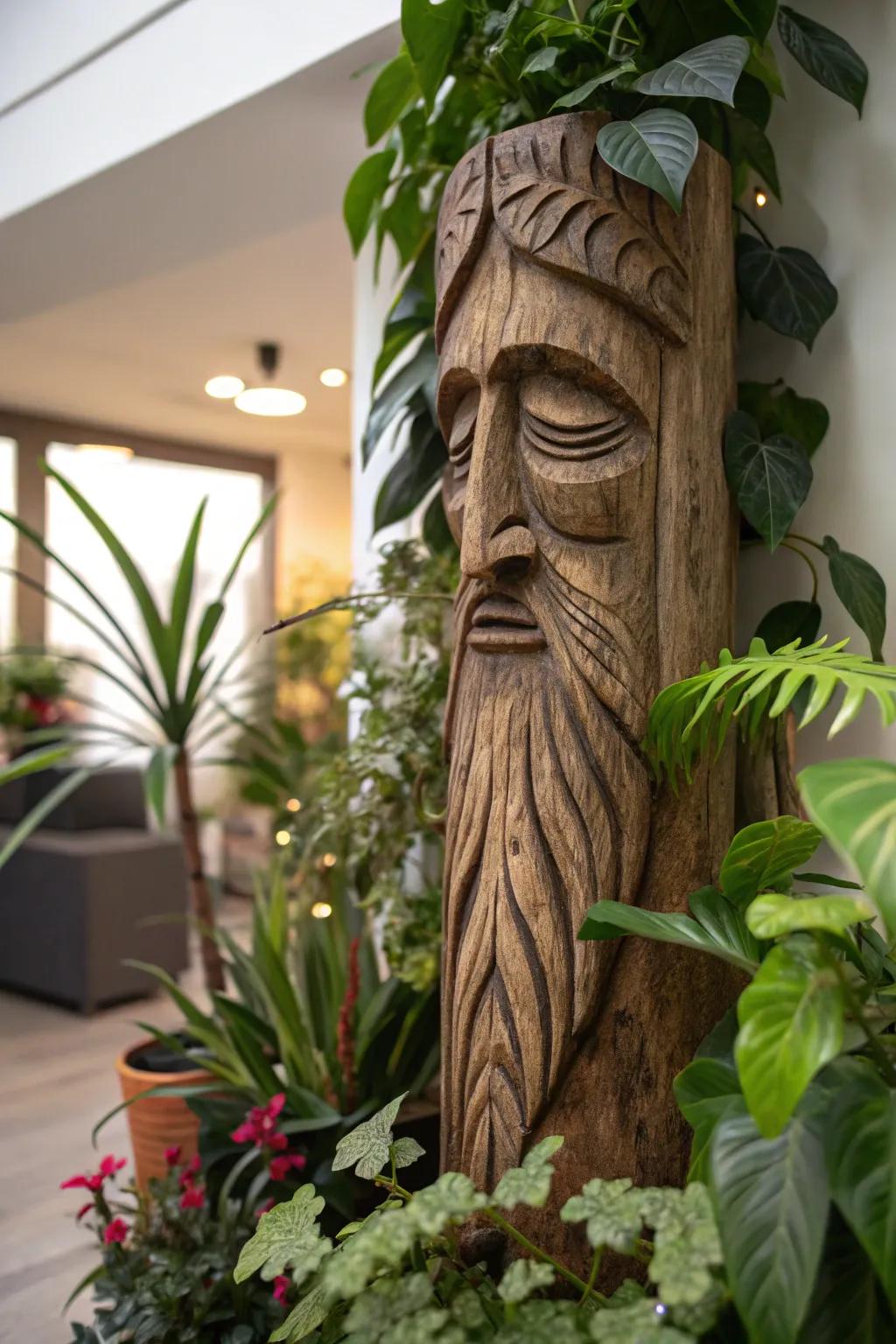 Connect with nature through enchanting wood spirit carvings.