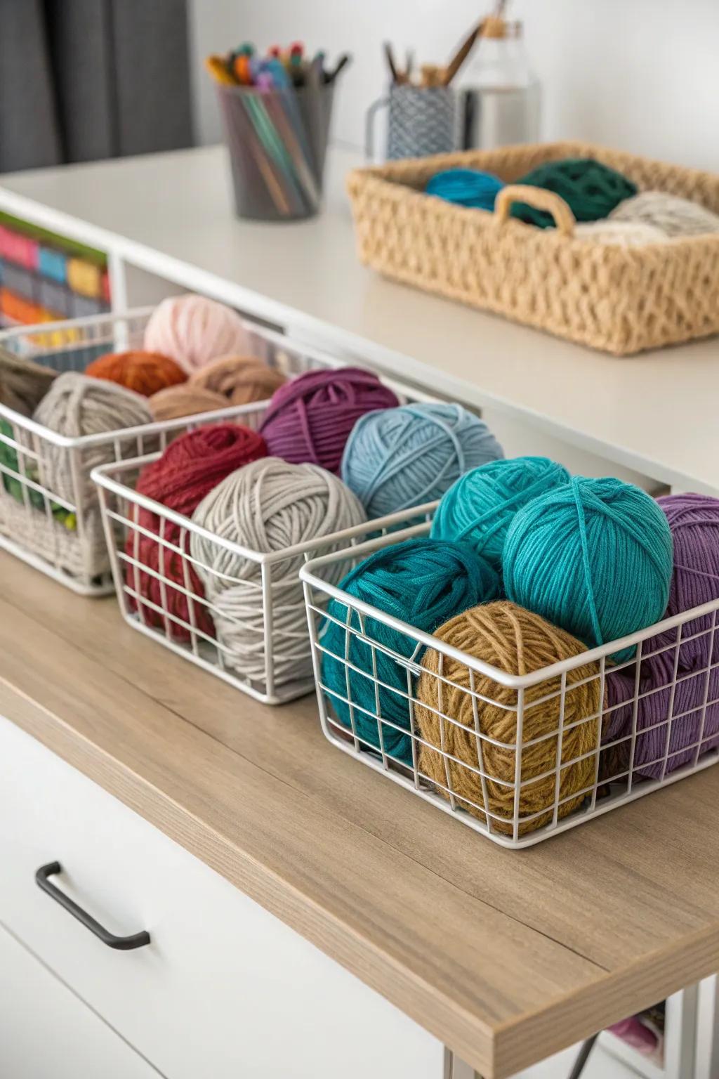 Wire baskets offer a stylish and visible yarn storage solution.